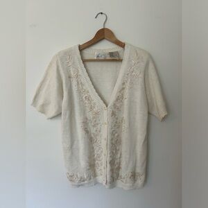 Kathie Lee Vintage floral embroidery cream short sleeve cardigan, size xs